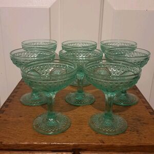 Set Of 8 Antique Glass Green Star Diamond Band Sherbet Desert Drink Cups Glasses